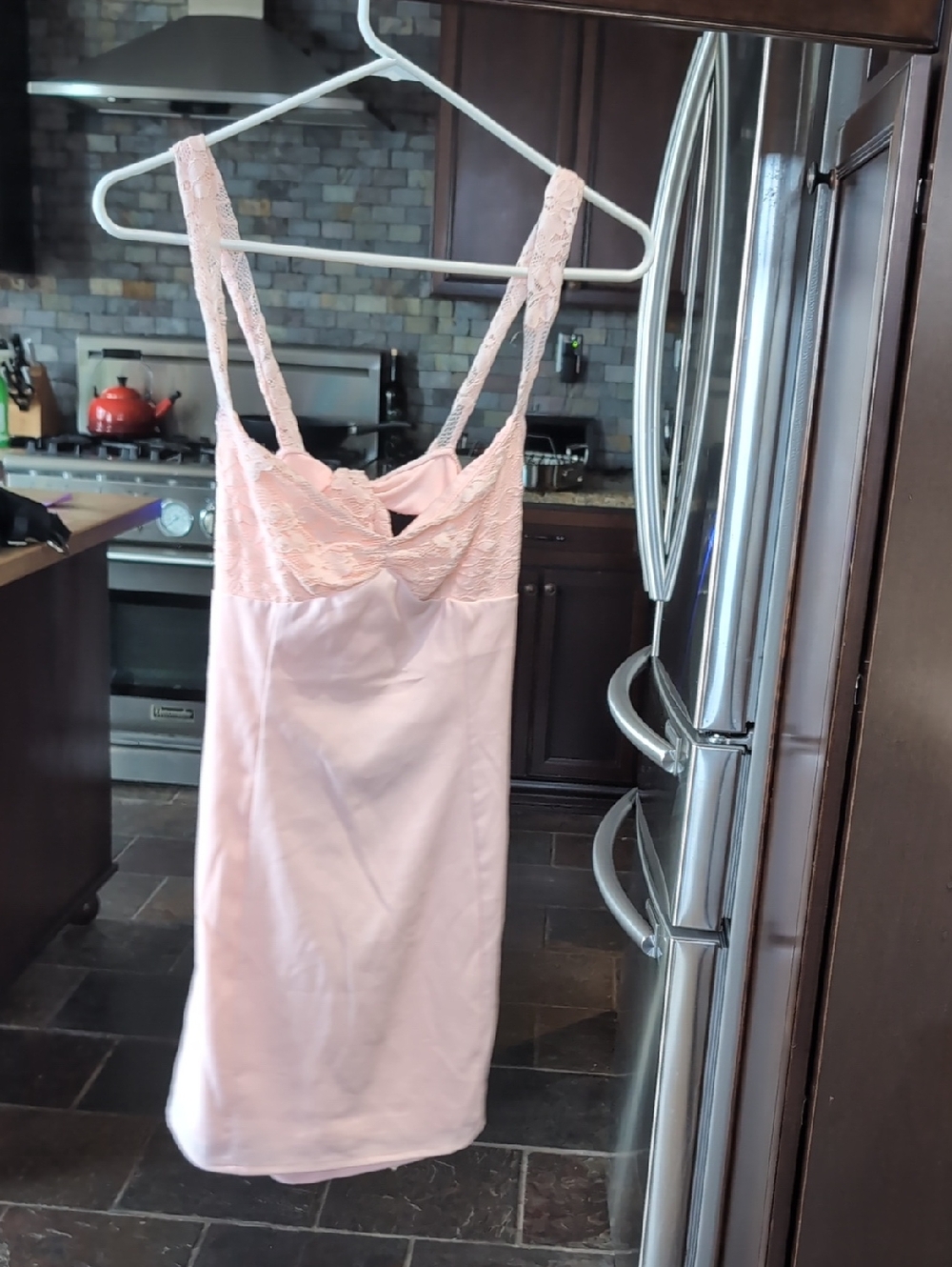 White Fox Delicate Lace Trim Pink Slip Dress w/bow Detail